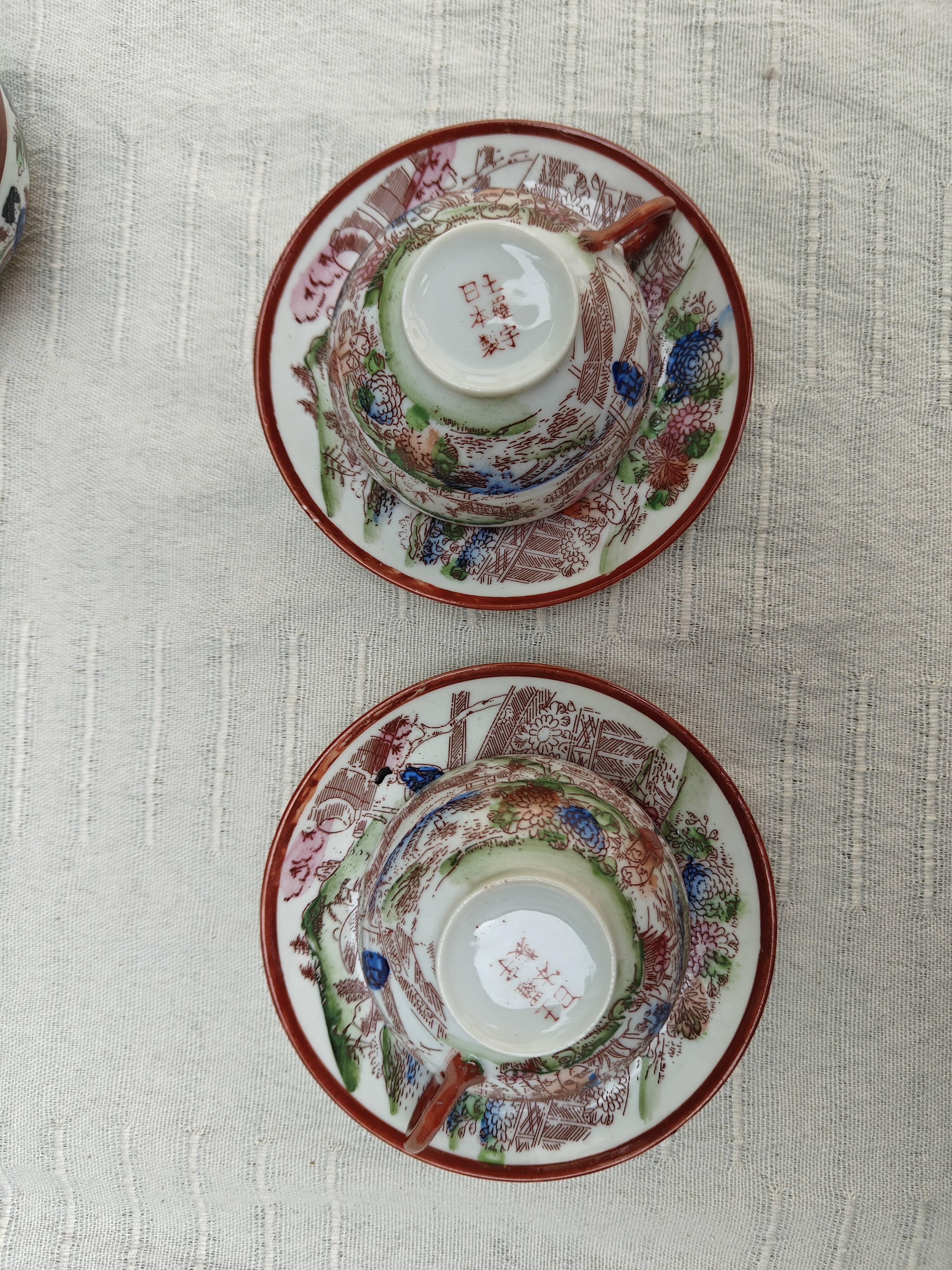 Vintage Japanese tea/coffee service, egg shell porcelain & enamels for 5 people.