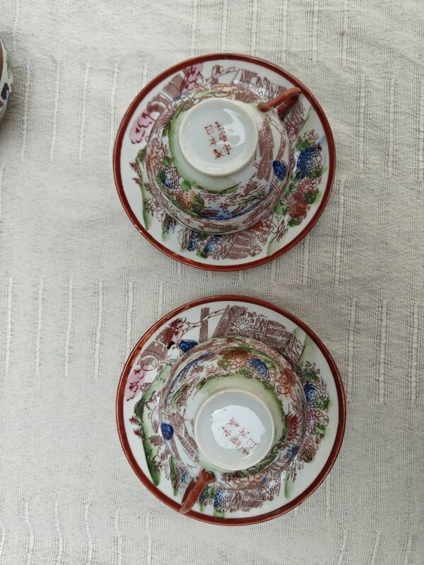 Service à thé, café vintage japonais en porcelaine coquille d'œuf et émaux