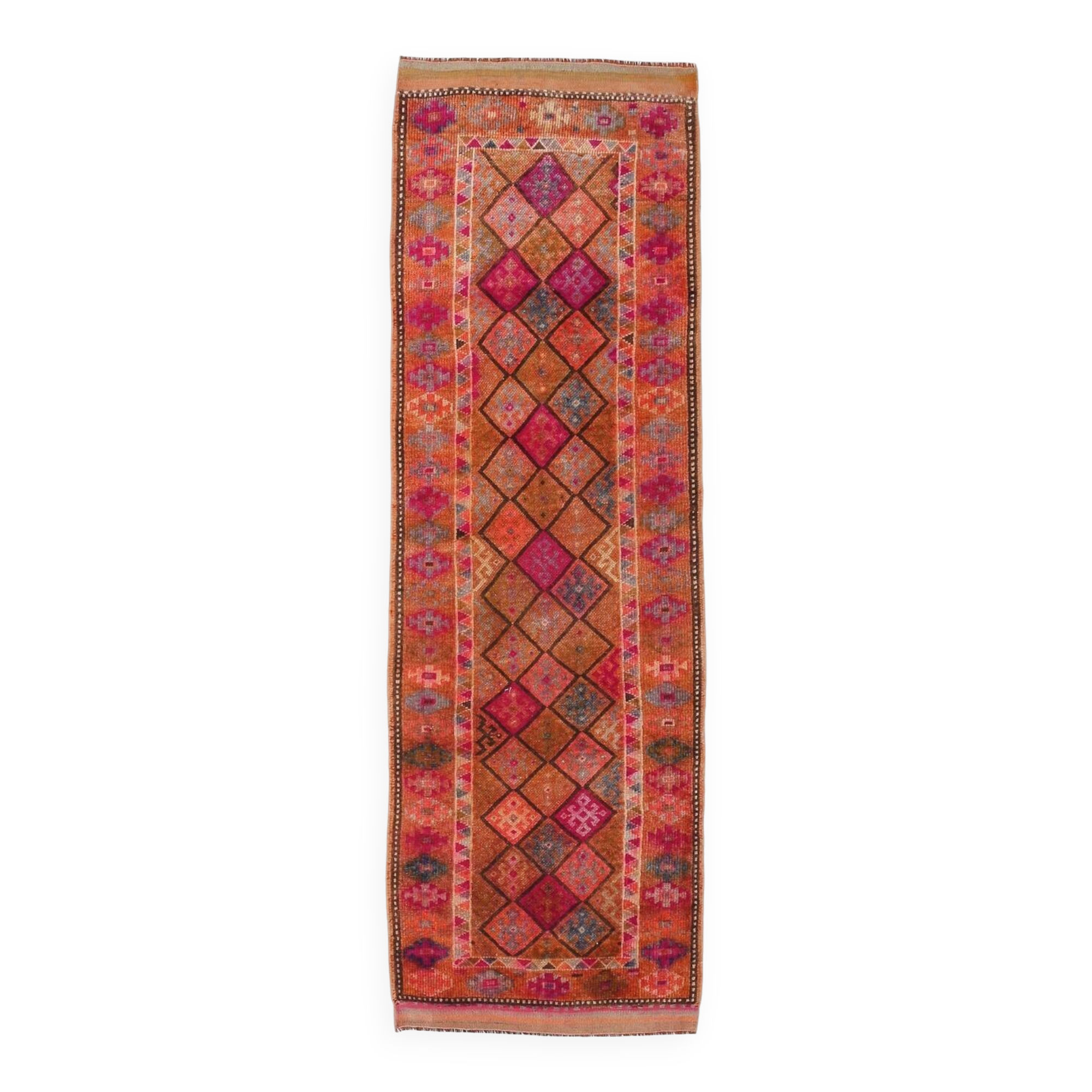 Long Tapis Couloir Vintage Orange et Fuchsia à Motifs Géométriques,91x278Cm