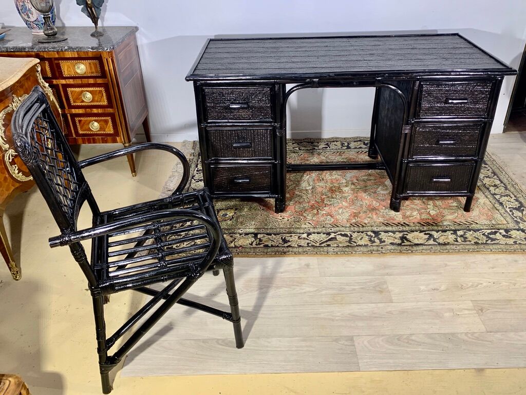 Desk and office chair in bamboo and black lacquered rattan, 60s, 70s