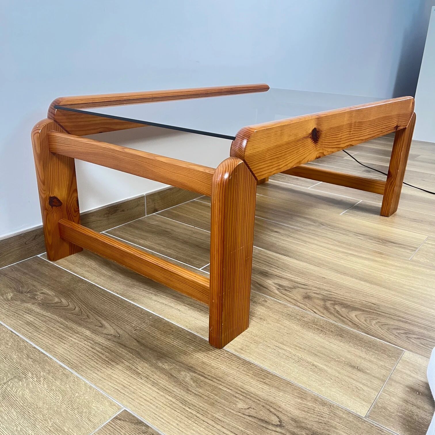 Pine coffee table with smoked glass top, 1970s/80s.