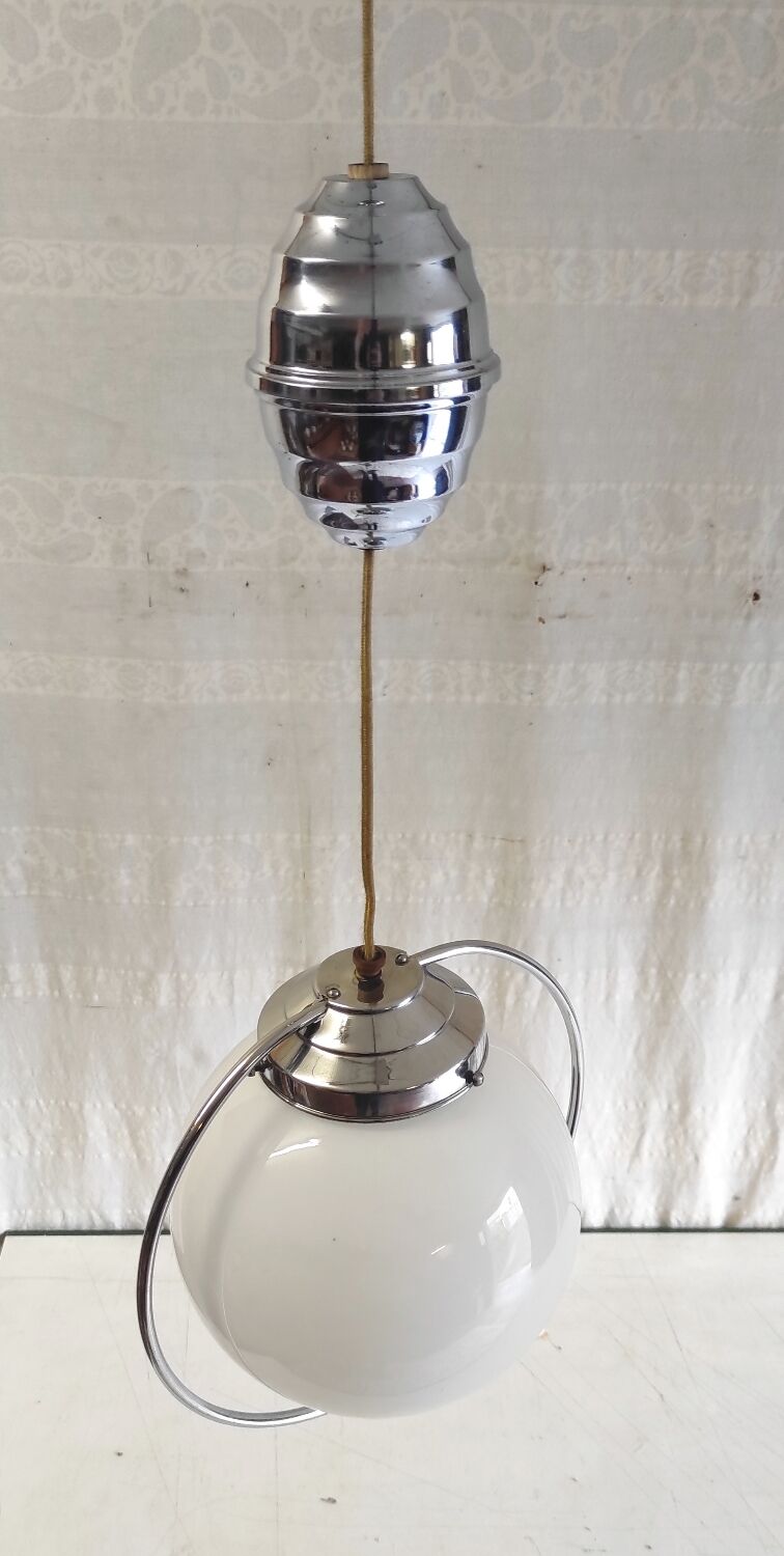 Art Deco suspension in chrome metal and opaline globe - mid 20th century