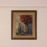 Bouquet rouge et bouteille de vin