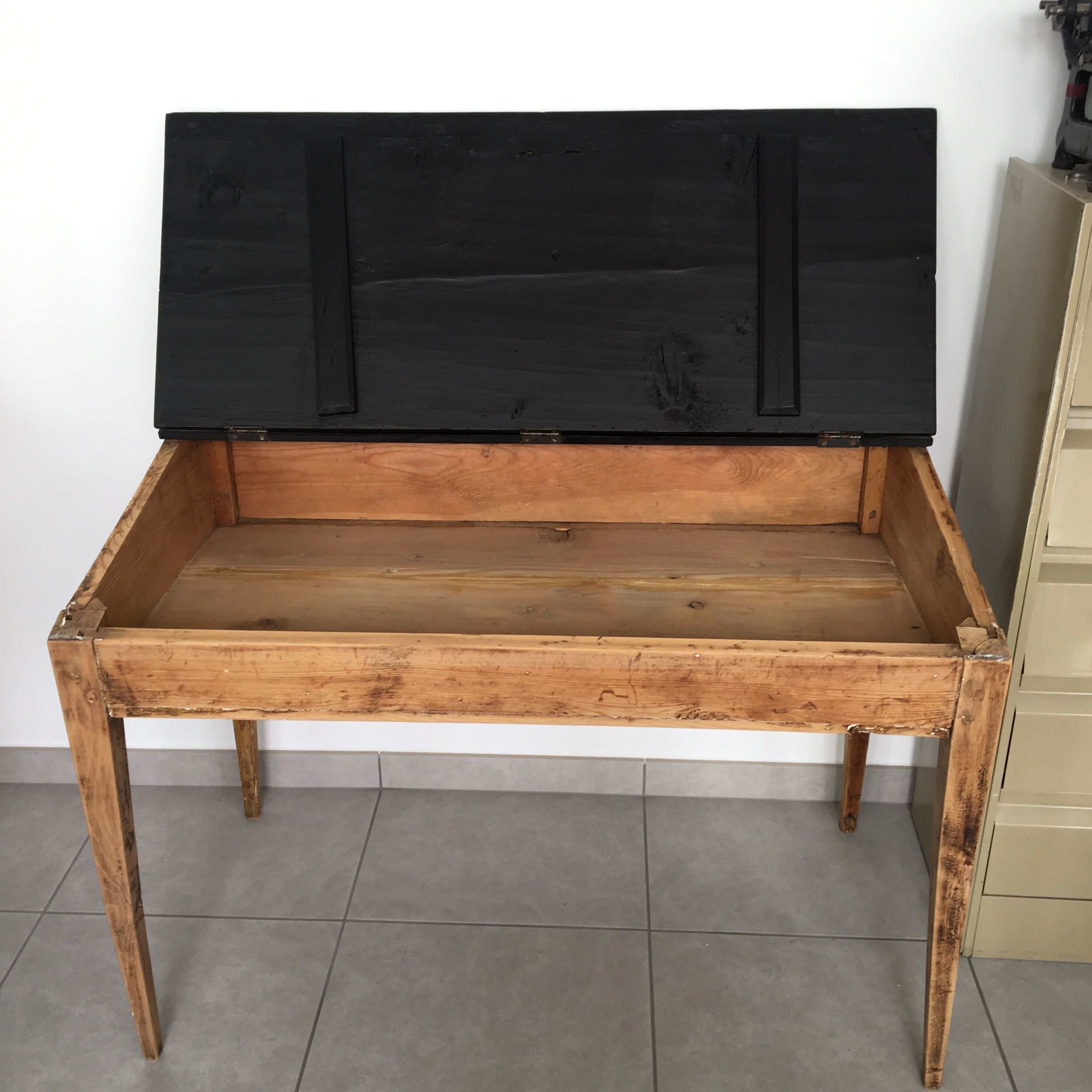 adult-sized desk with black flap & raw natural