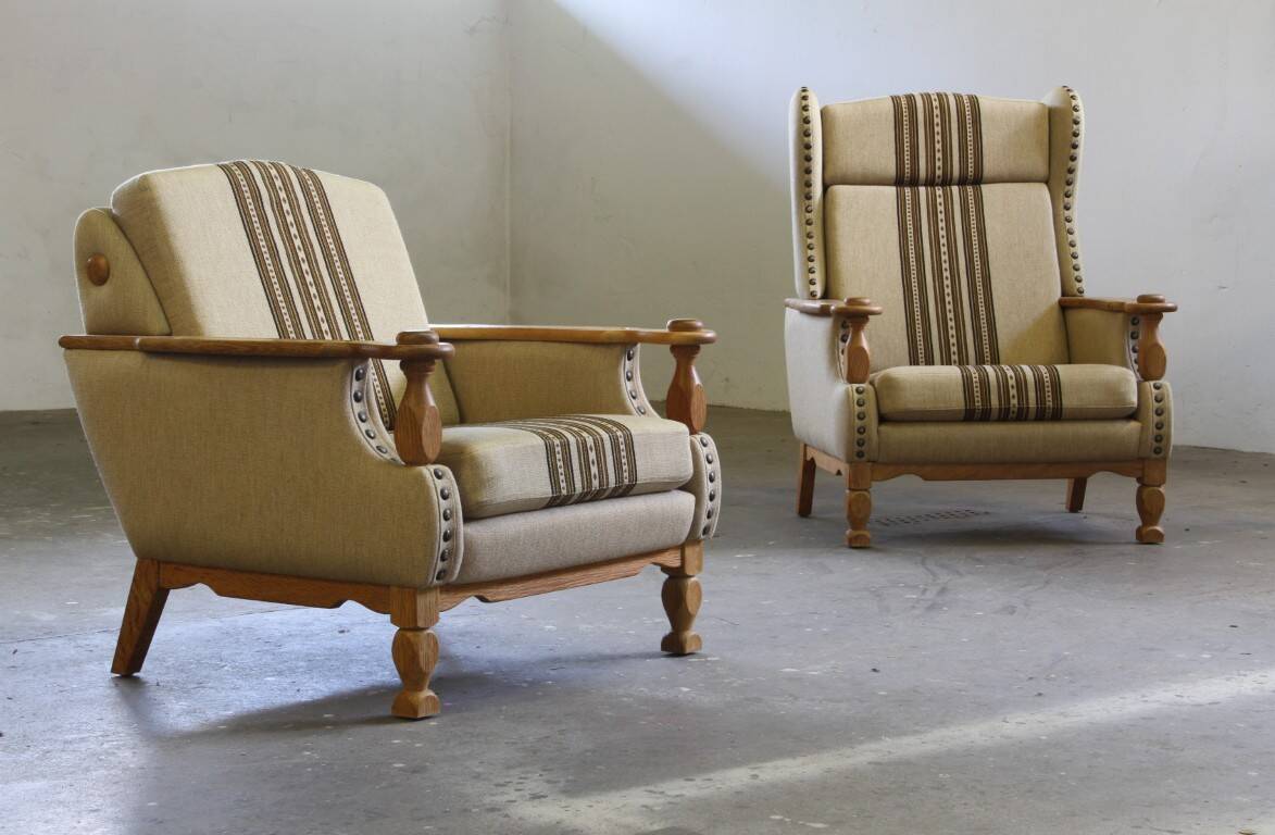 Vintage 1960s set of low & high back lounge chair oak, style of Henning Kjærnulf