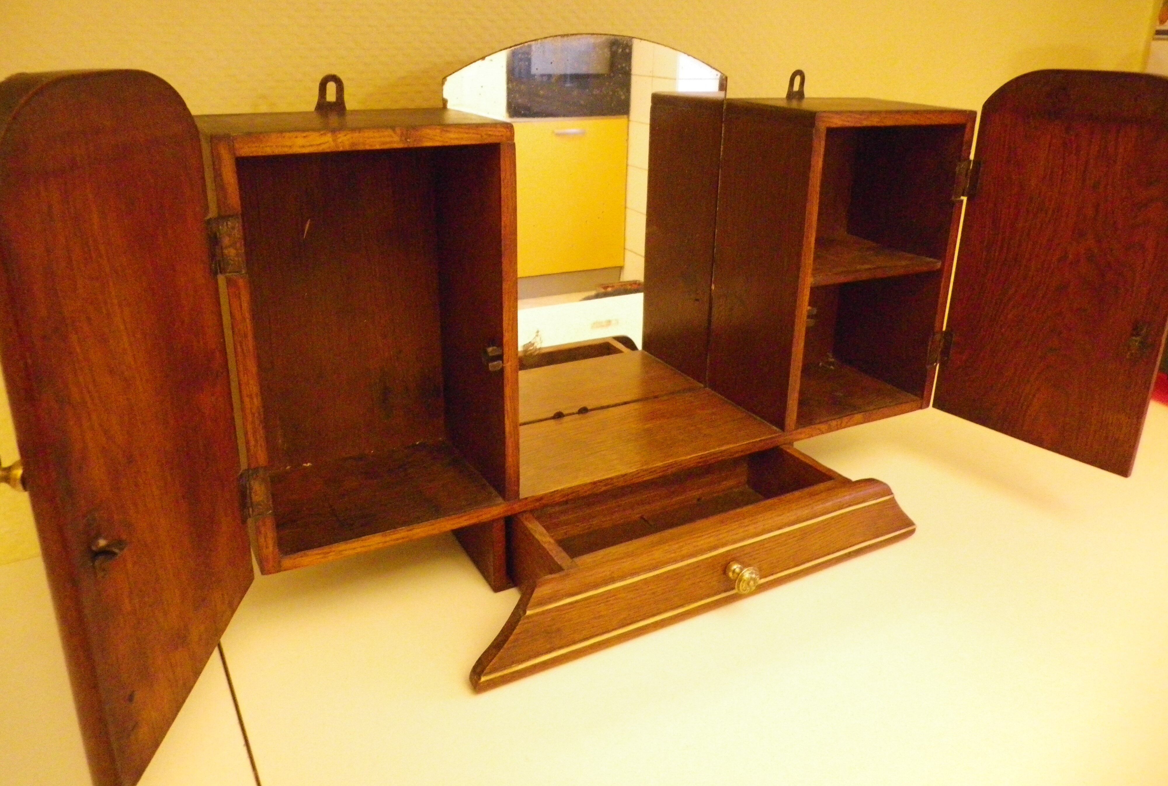 Art Deco extra furniture 1920/1940 to install or fix, wooden, central mirror, 2 doors, 1 drawer