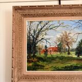 Old painting Oil on canvas Countryside Landscape House Garden Tree N