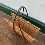 Vintage magazine rack in wood, rattan and wrought iron
