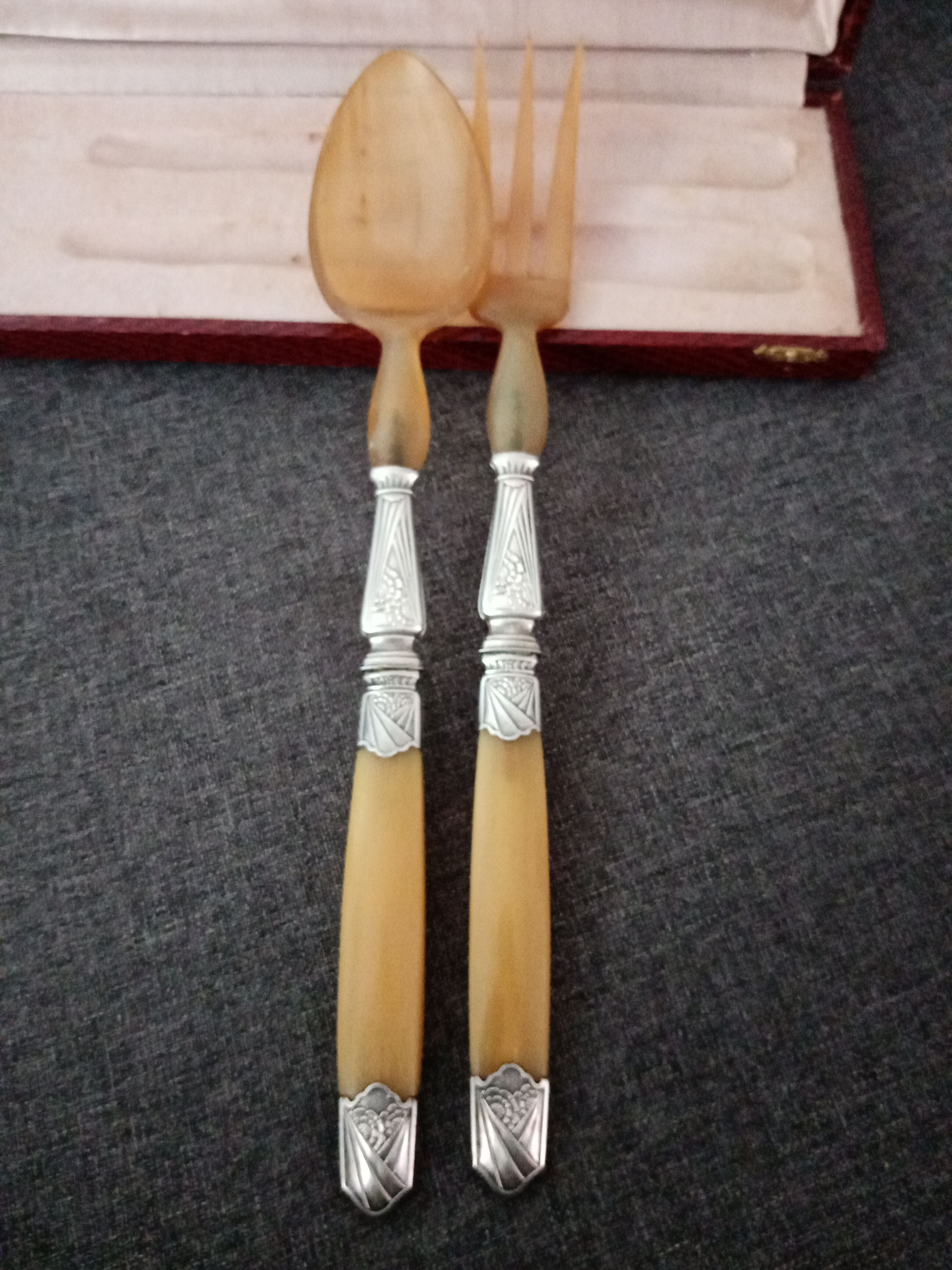 Art deco salad cutlery, silver virole horn sleeve