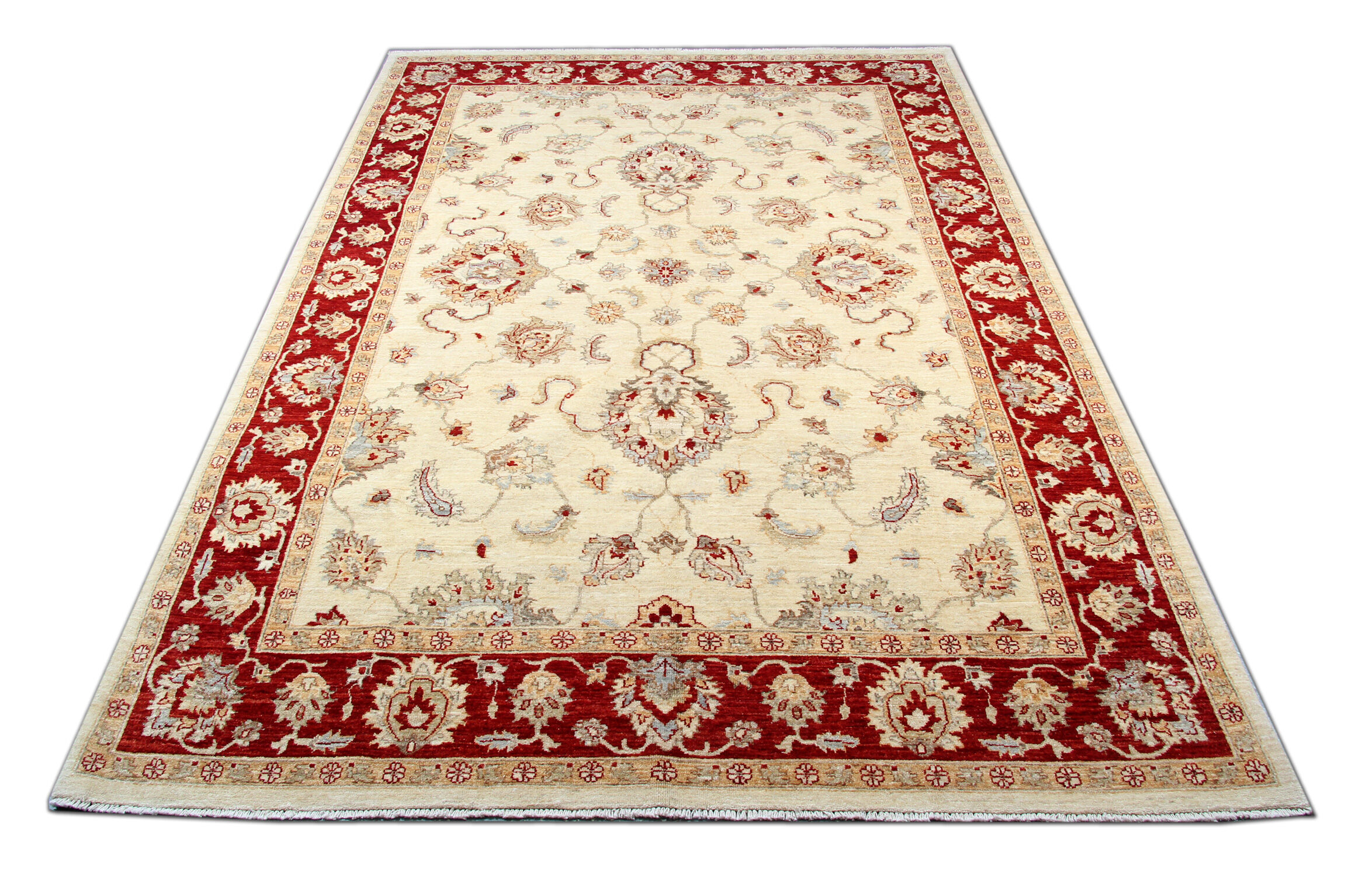 Red Cream Wool Ziegler Rug Handwoven Floral Carpet- 200x282