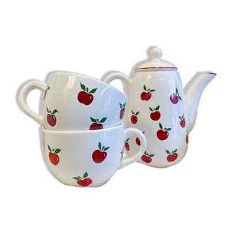 Théière et 2 tasses motif pomme