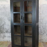 Black Indian showcase with 2 glass doors of 8 tiles and 3 interior shelves in raw wood