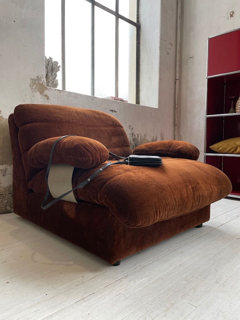 Pair 70s brown velvet armchairs