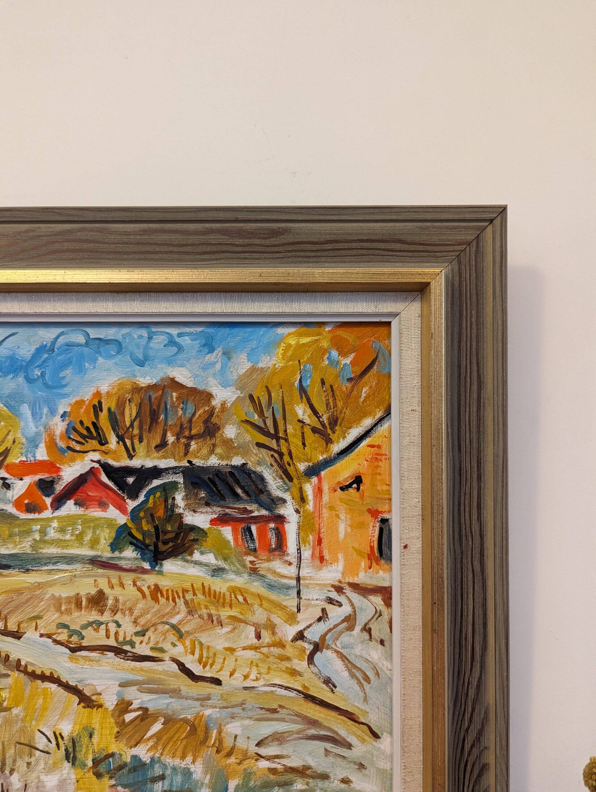 Mid-Century Modern Swedish "Fauvist Field" Vintage Landscape Oil Painting, Framed