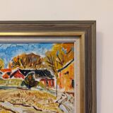 Mid-Century Modern Swedish "Fauvist Field" Vintage Landscape Oil Painting, Framed