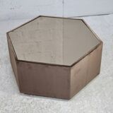 Space age table, hexagonal. Wood, velvet and smoked mirror. Circa 1970