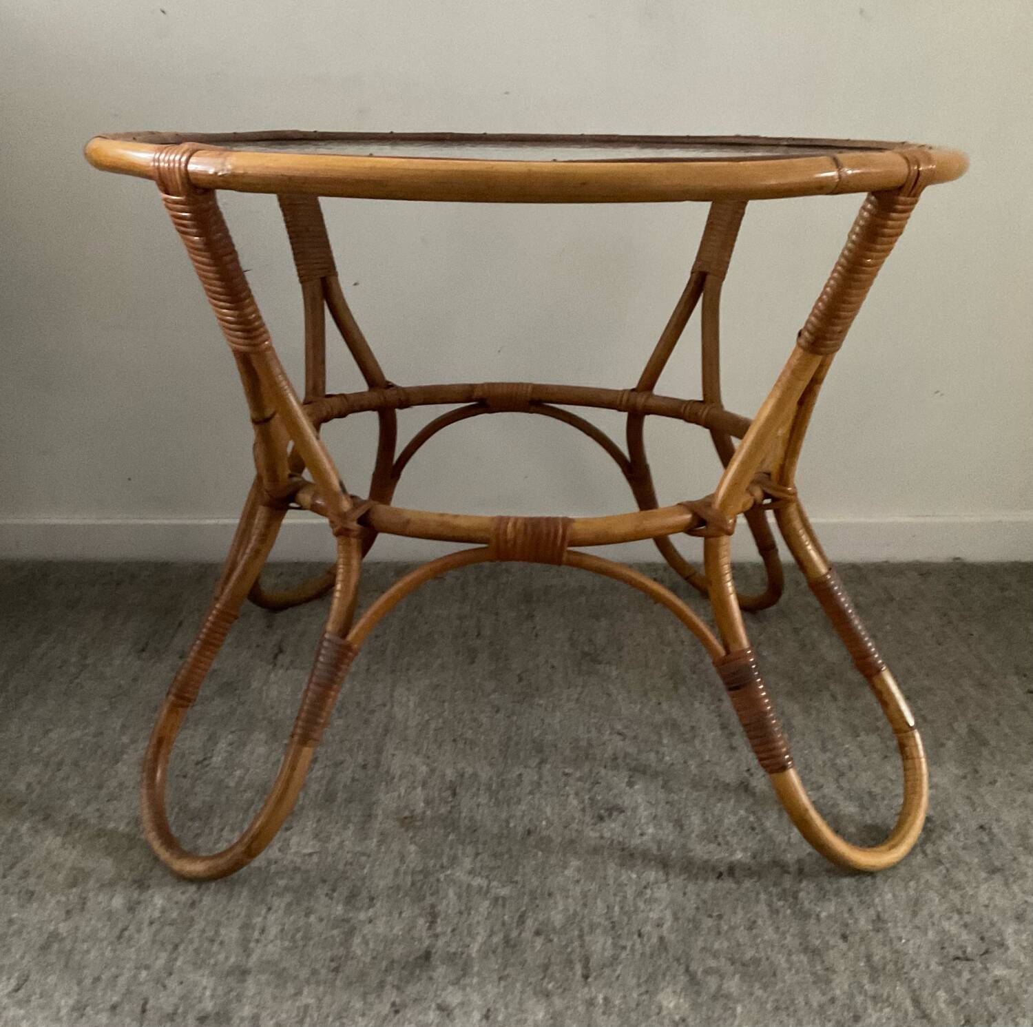 1960s rattan and glass coffee table