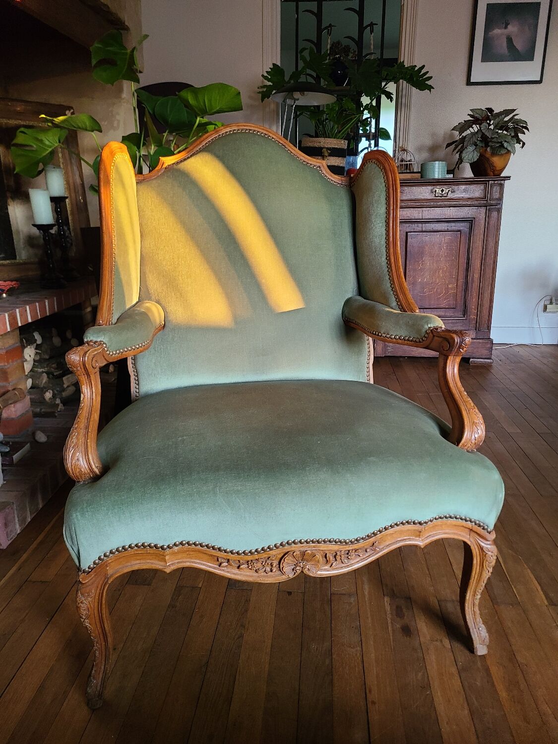 Vintage Louis XV style wing chair, light green velvet