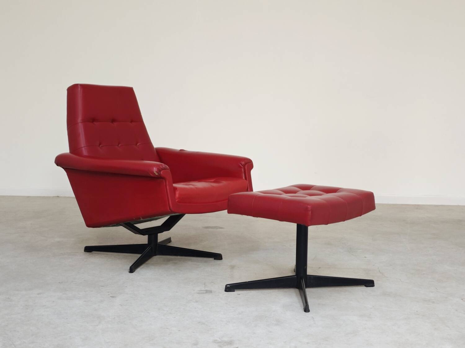 Red Faux Leather Swivel Chair and Footrest by Up Zavody 1970