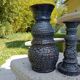Vase et bougeoir bleus en terre cuite émaillée