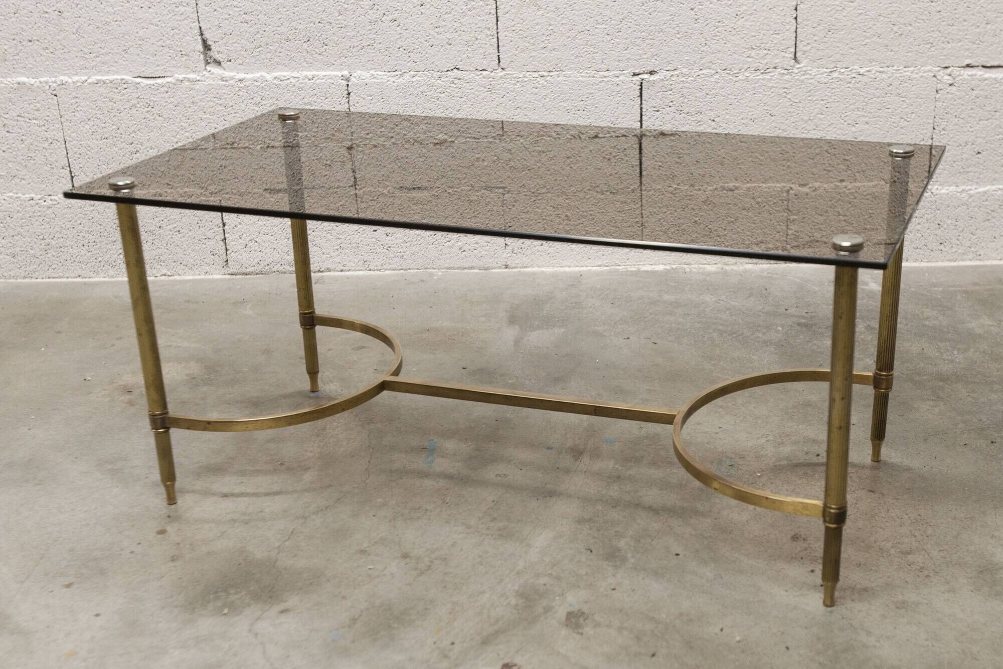 Gold brass coffee table with smoked glass 1970