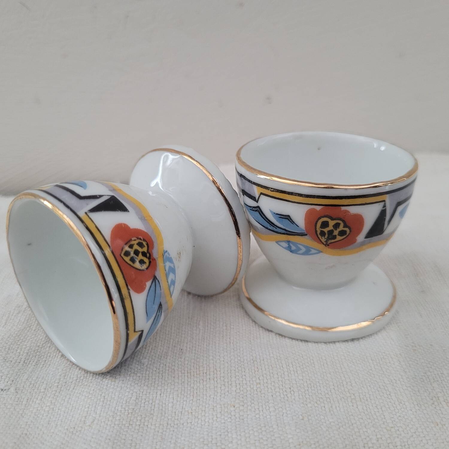 Porcelain egg cups MLV, geometric design, 1930s