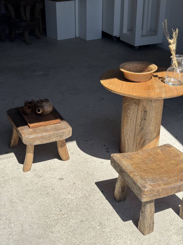 Petit stool, tabouret d'appoint en teck massif rectangulaire arrondie