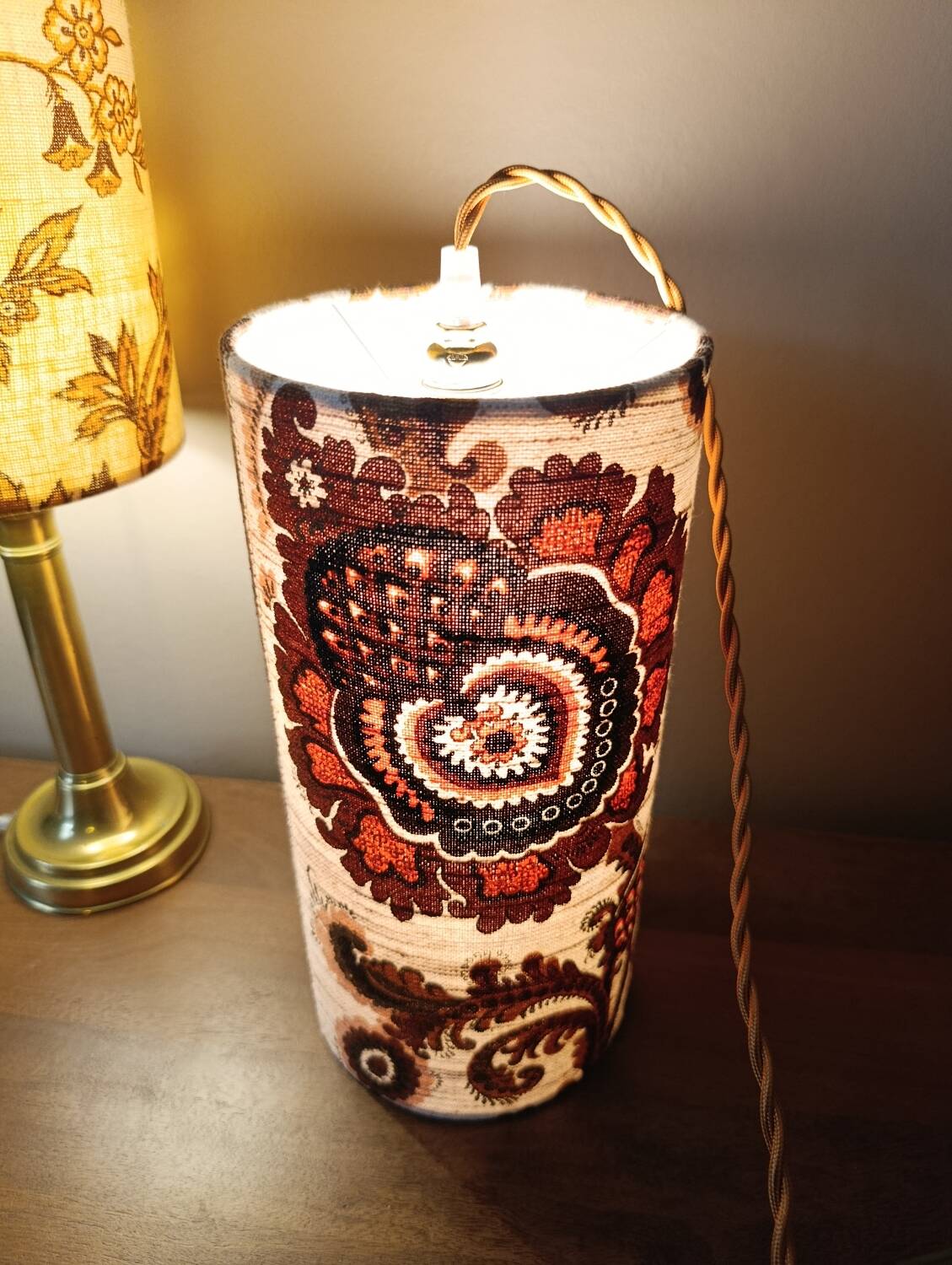 Vintage portable lamp with authentic seventies floral linen fabric.