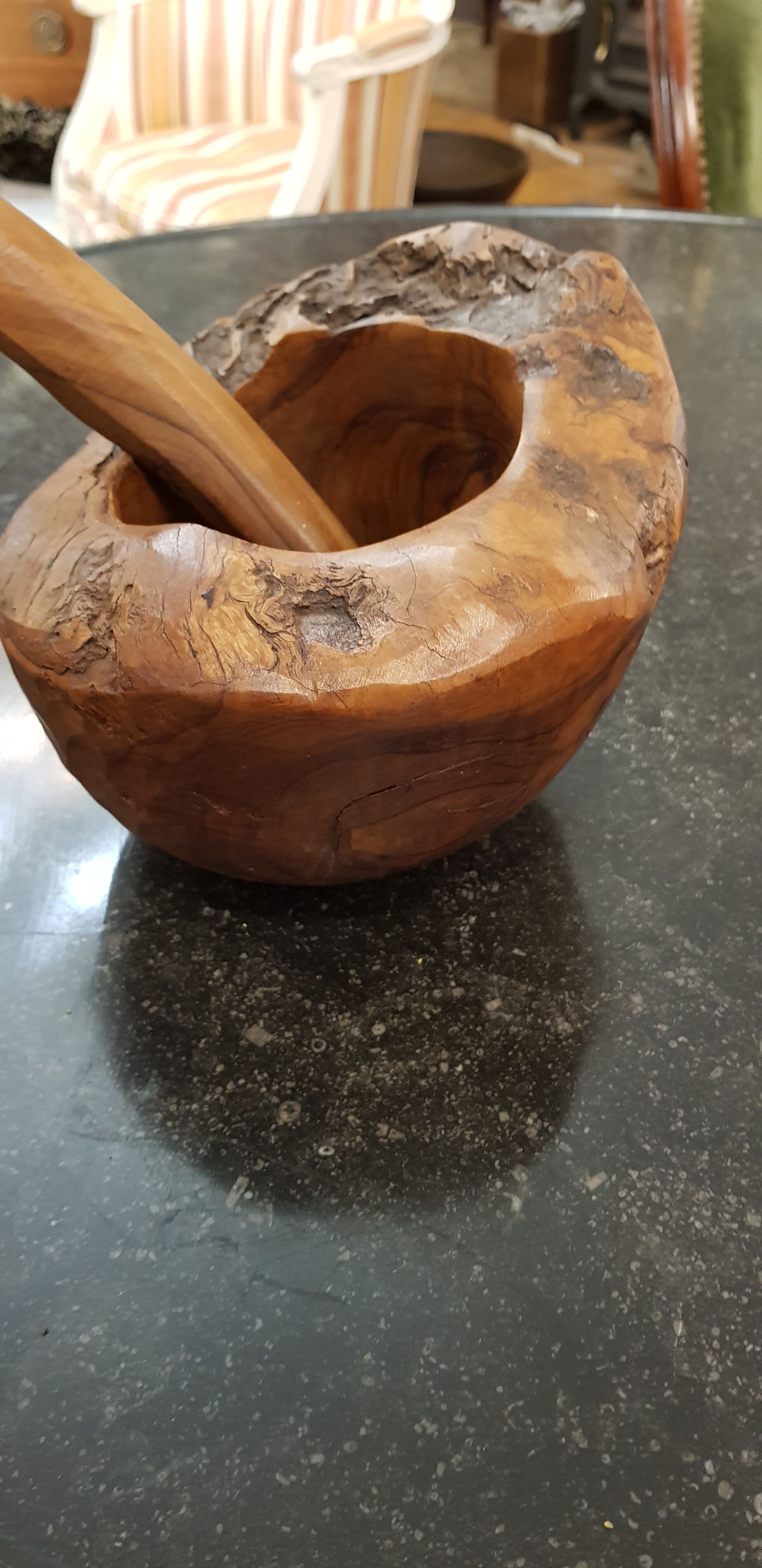 Mortar and wooden pestle