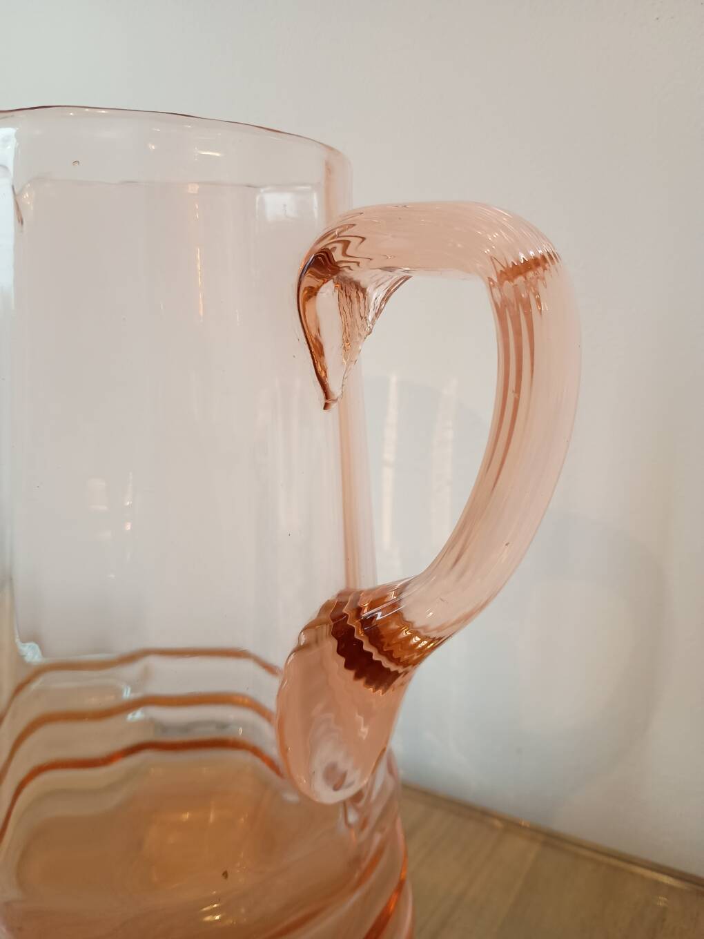 Vintage pink glass water carafe from the 1970s.