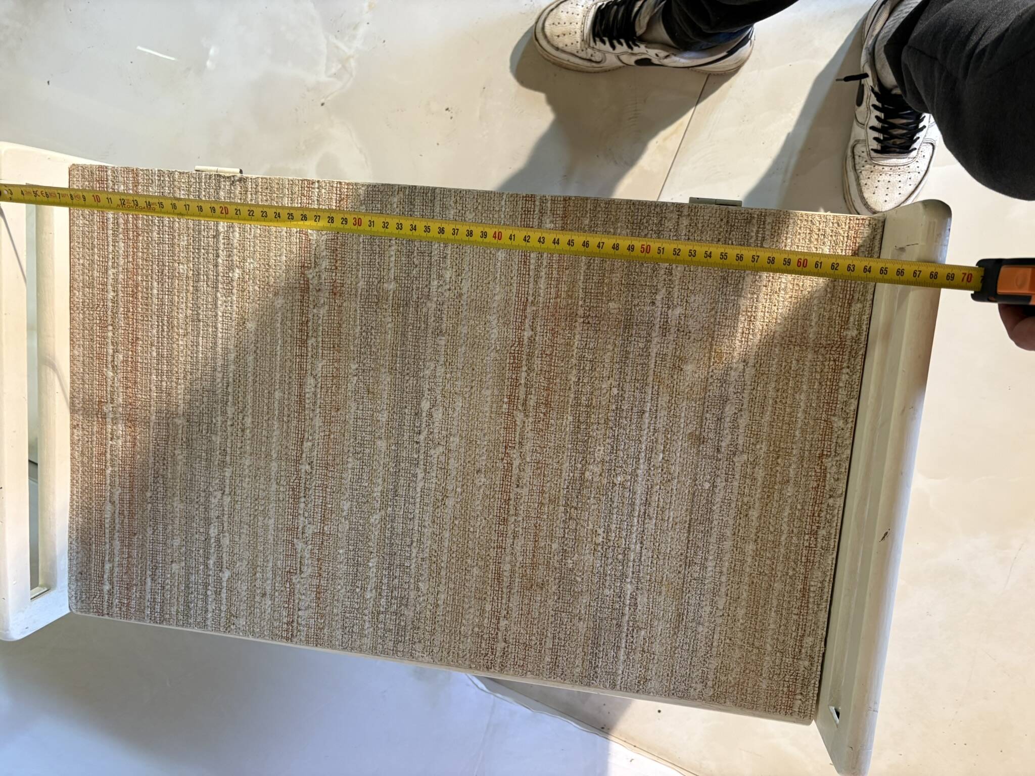 Vintage upholstered chest, white lacquered wooden structure, 1960s-70s