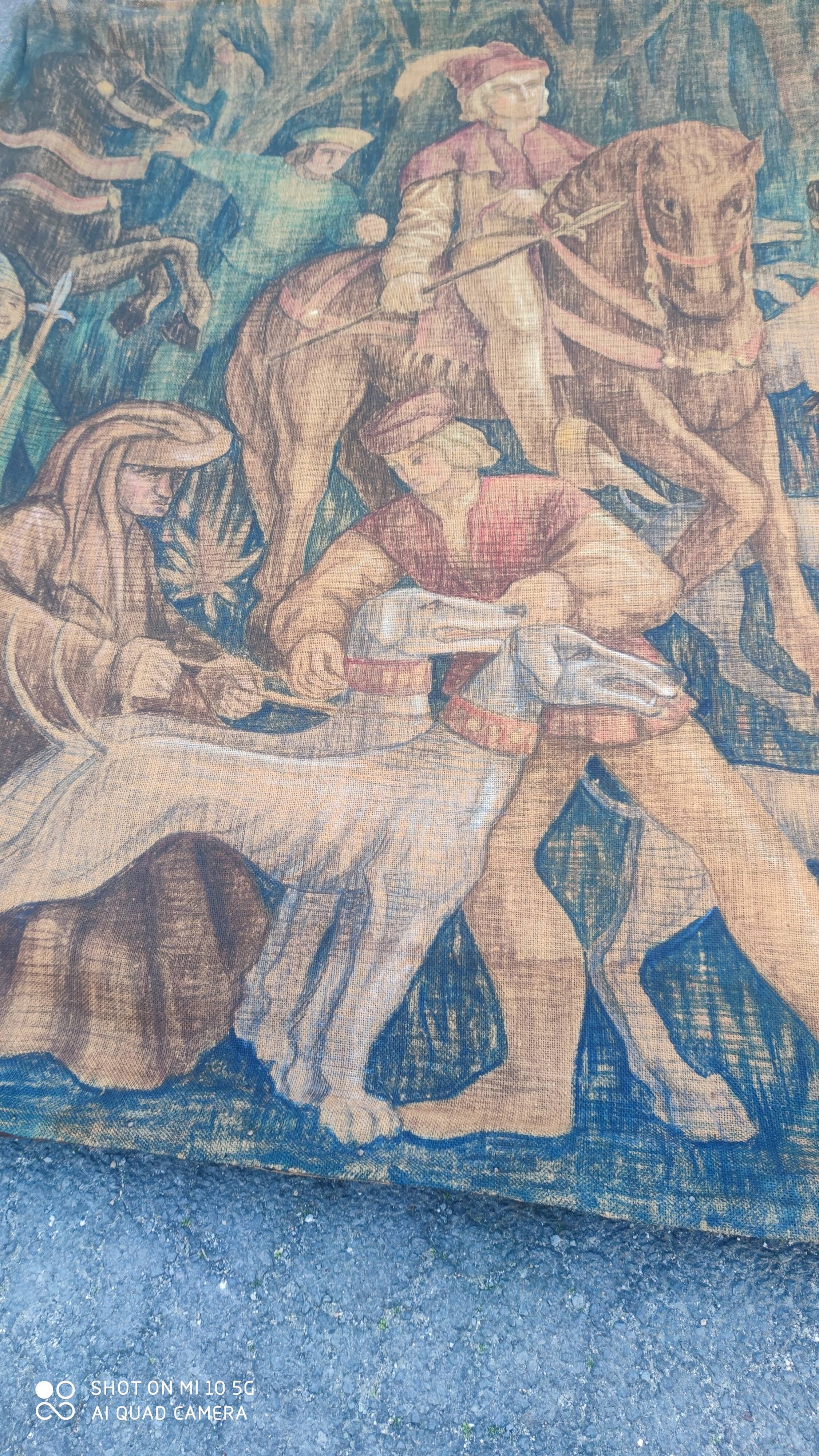 Painted burlap canvas depicting a medieval hunting scene circa 1950 by André Pierre BOURBIOUX, known as "Boul"
