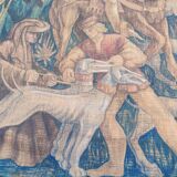 Burlap painted medieval hunting scene circa 1950 by André Pierre BOURBIOUX called "Boul"