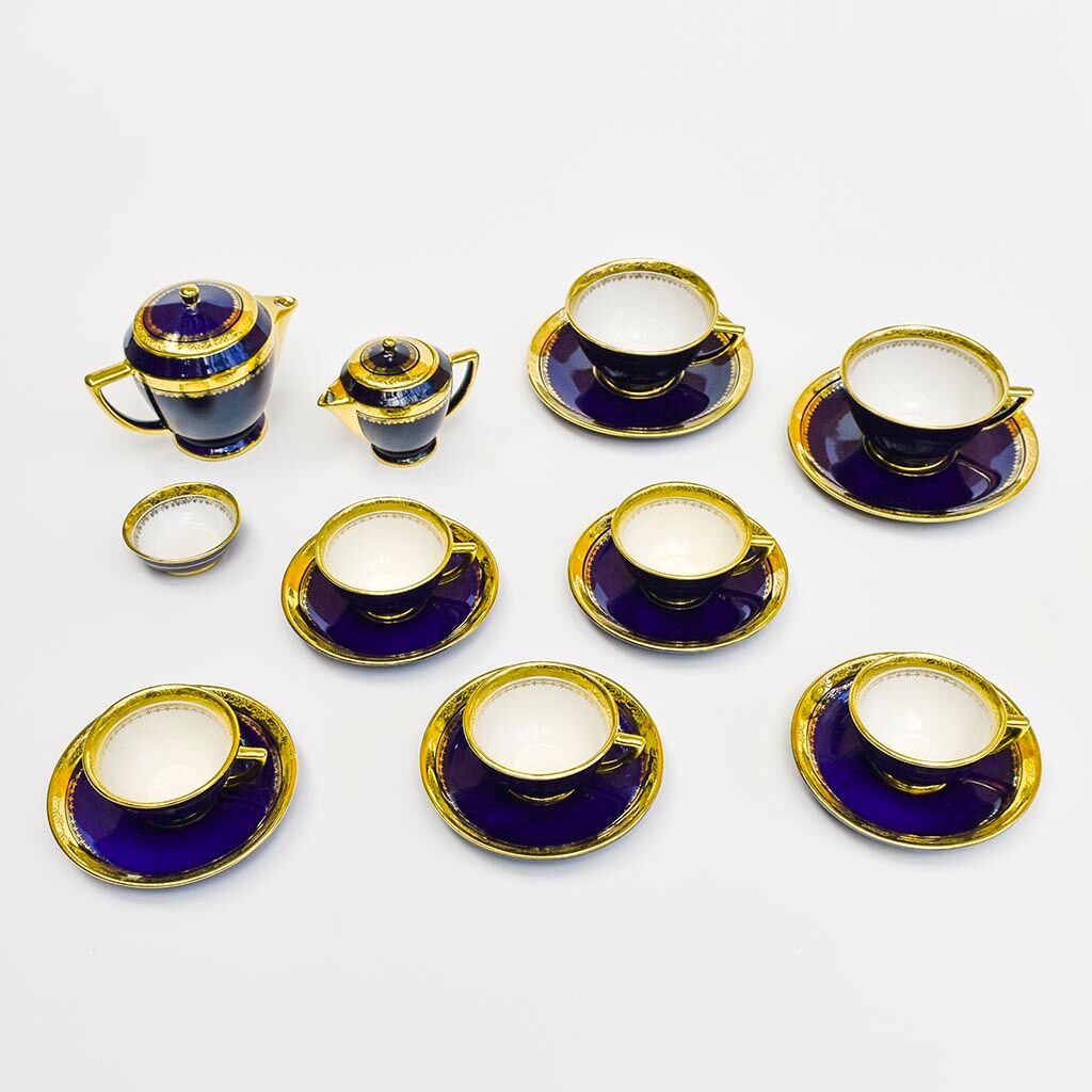 Coffee service Kréma Lafitte Asnières porcelain gold blue ⋆ Brocante Chic