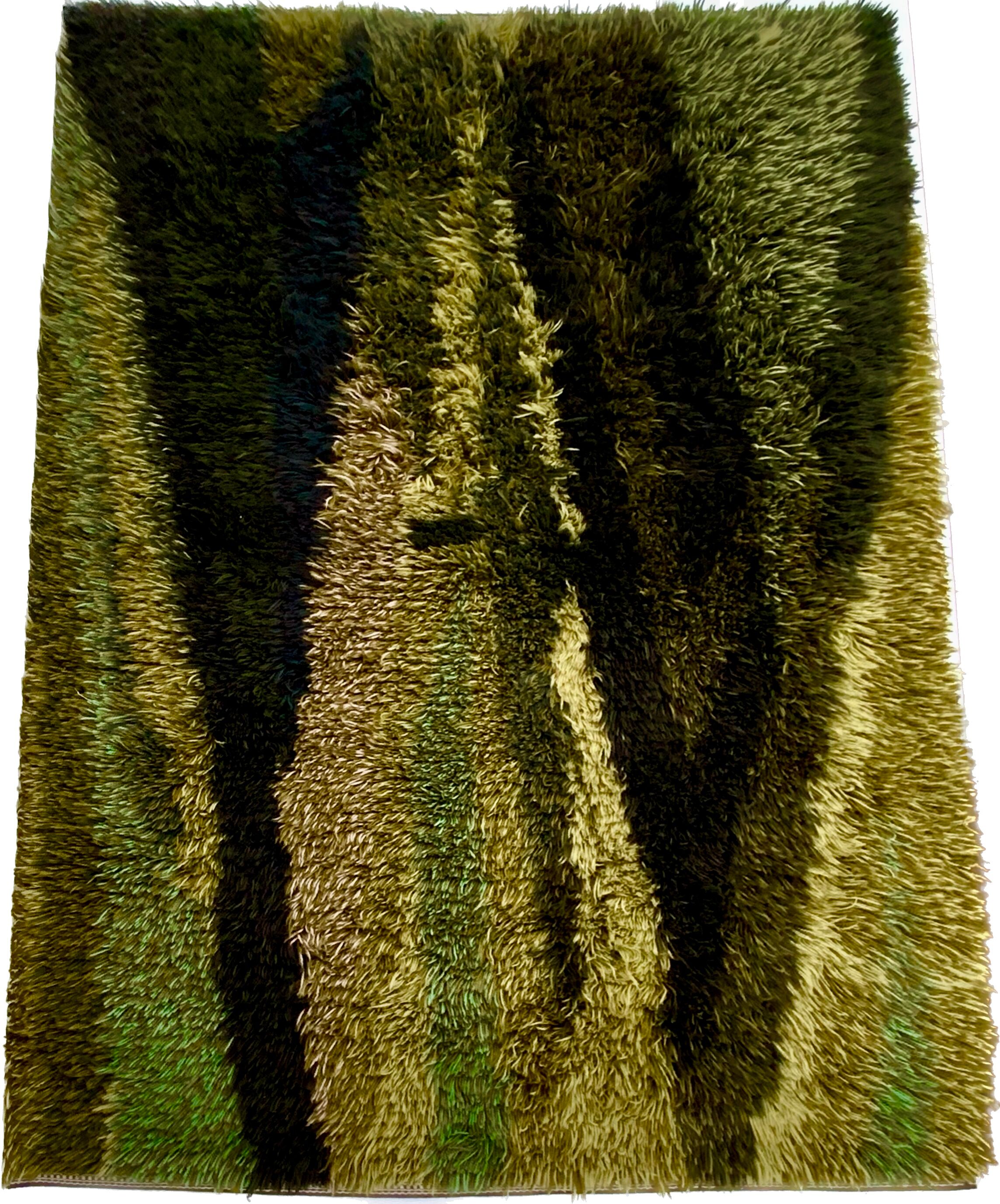 Green scandinavian modernist design wool rya rug woven handmade vintage 1960s
