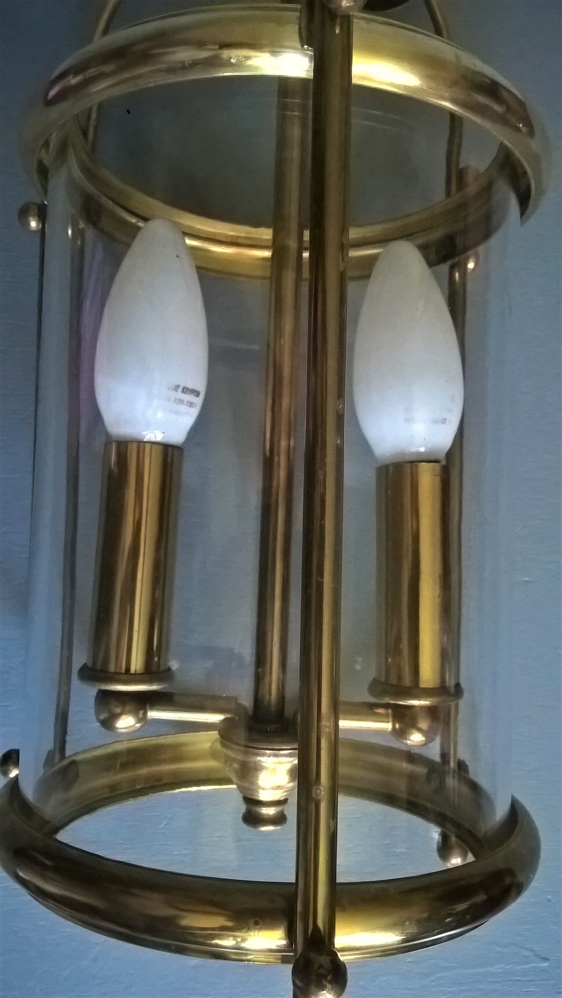 Chandelier lantern cage cylindrical two fires ~ glass and golden brass ~ 1950s/1960s