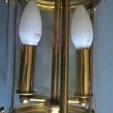 Chandelier lantern cage cylindrical two fires ~ glass and golden brass ~ 1950s/1960s