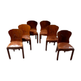 Set of 6 vintage solid wood chairs with animal motif on the back and leather seat