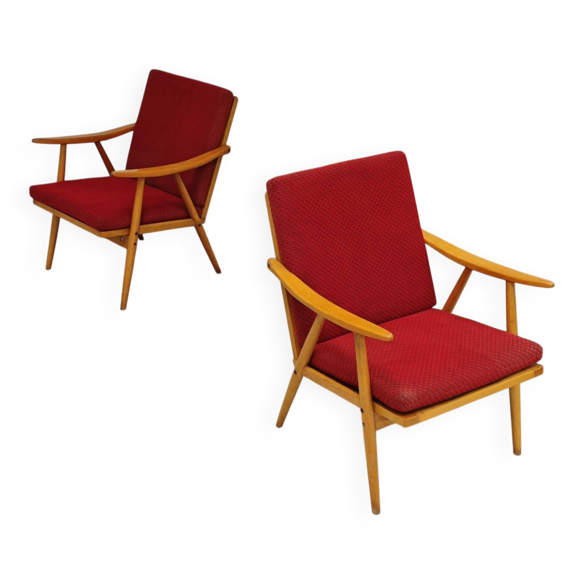 Pair of red Boomerang armchairs by Antonin Suman for Ton Bystrice Thonet