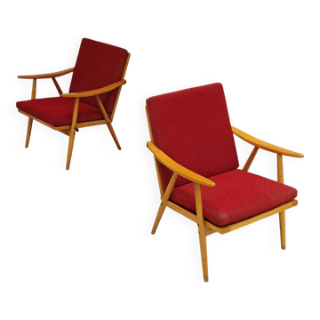 Pair of red Boomerang armchairs by Antonin Suman for Ton Bystrice Thonet