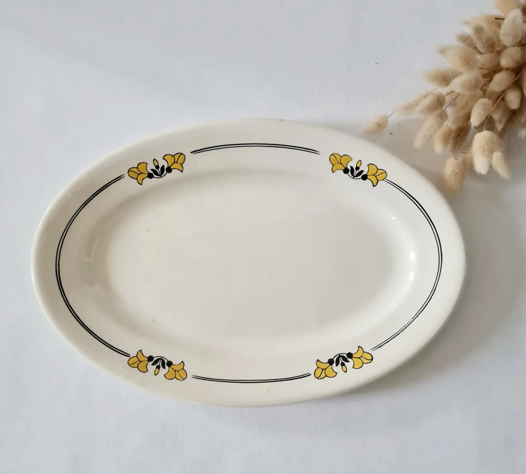 Antique oval dish in Salins ironstone "Renée" – Floral decoration