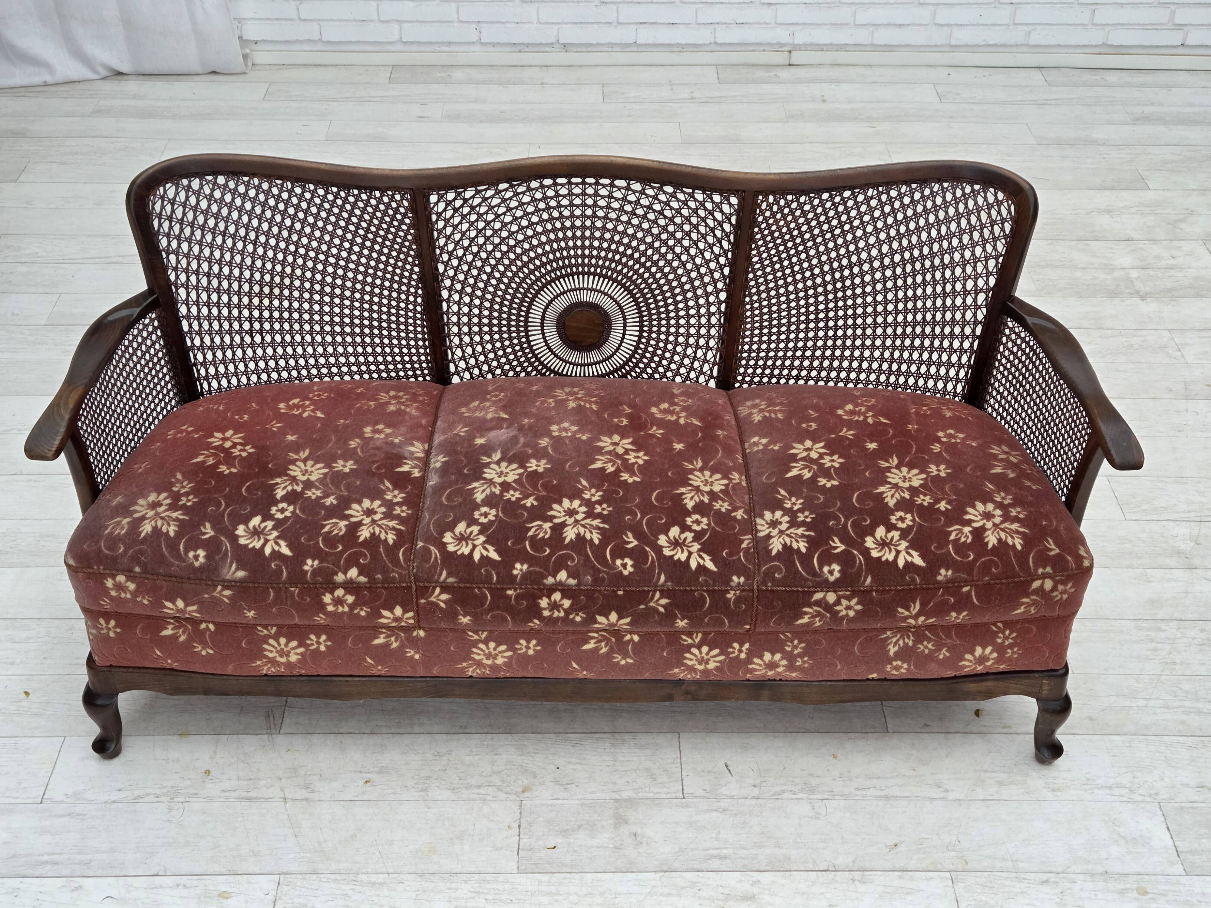 1950s, Danish 3-seater sofa, salmon/pink velour, furniture mesh.