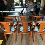 Art Deco period dining chairs in mahogany seating white leather