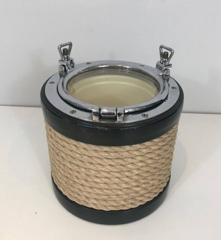 Ice bucket in leather, rope, and chrome. In the style of Jacques Adnet