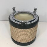 Ice bucket in leather, rope, and chrome. In the style of Jacques Adnet