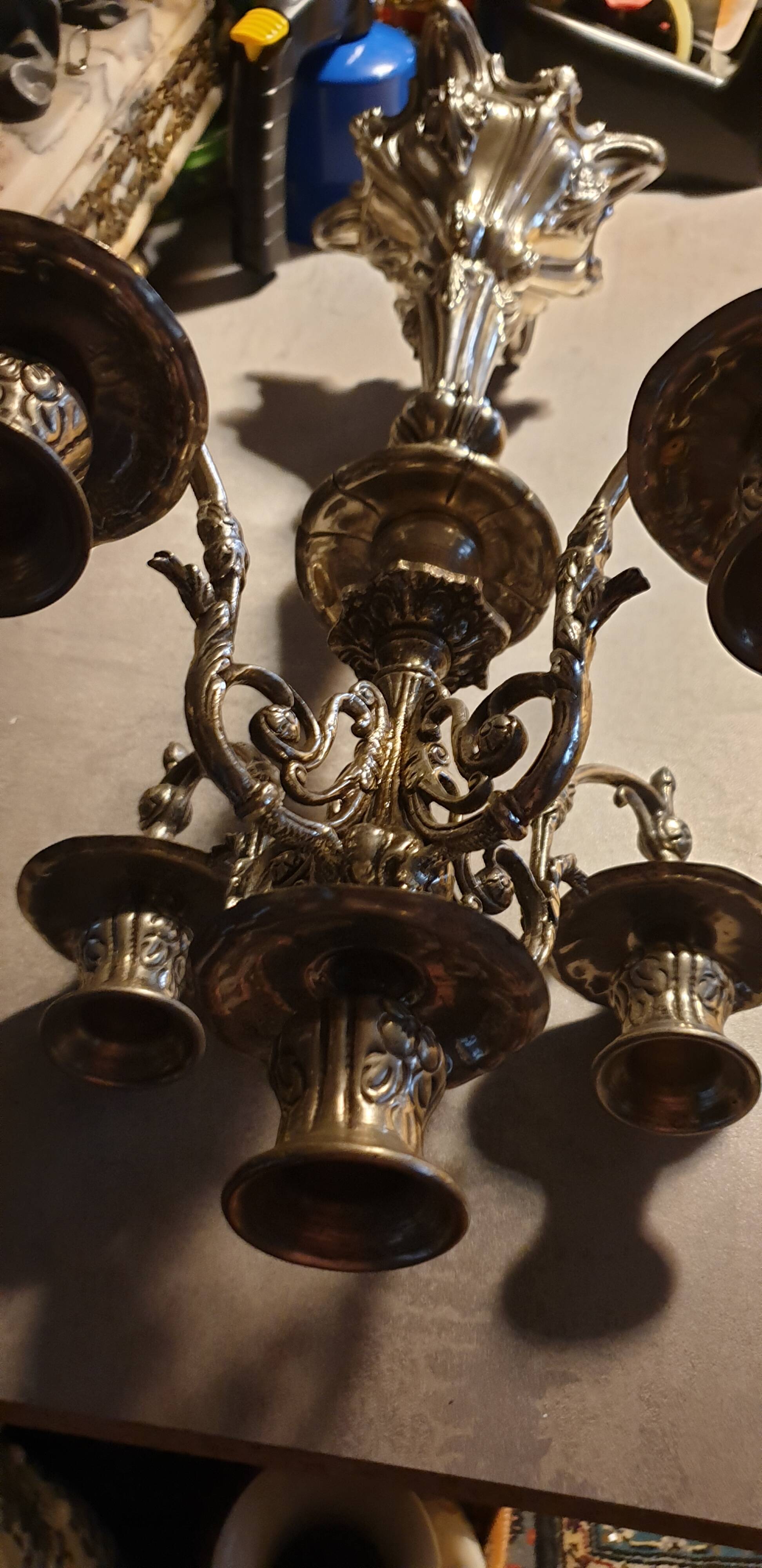 Silver metal candlestick 5 lights baroque style