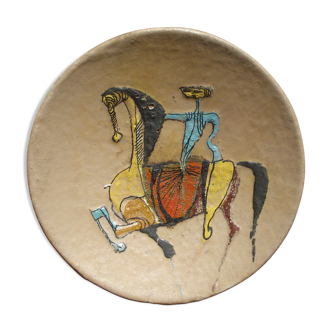 Coupe ceramique émaillée en relief 1950 femme au cheval