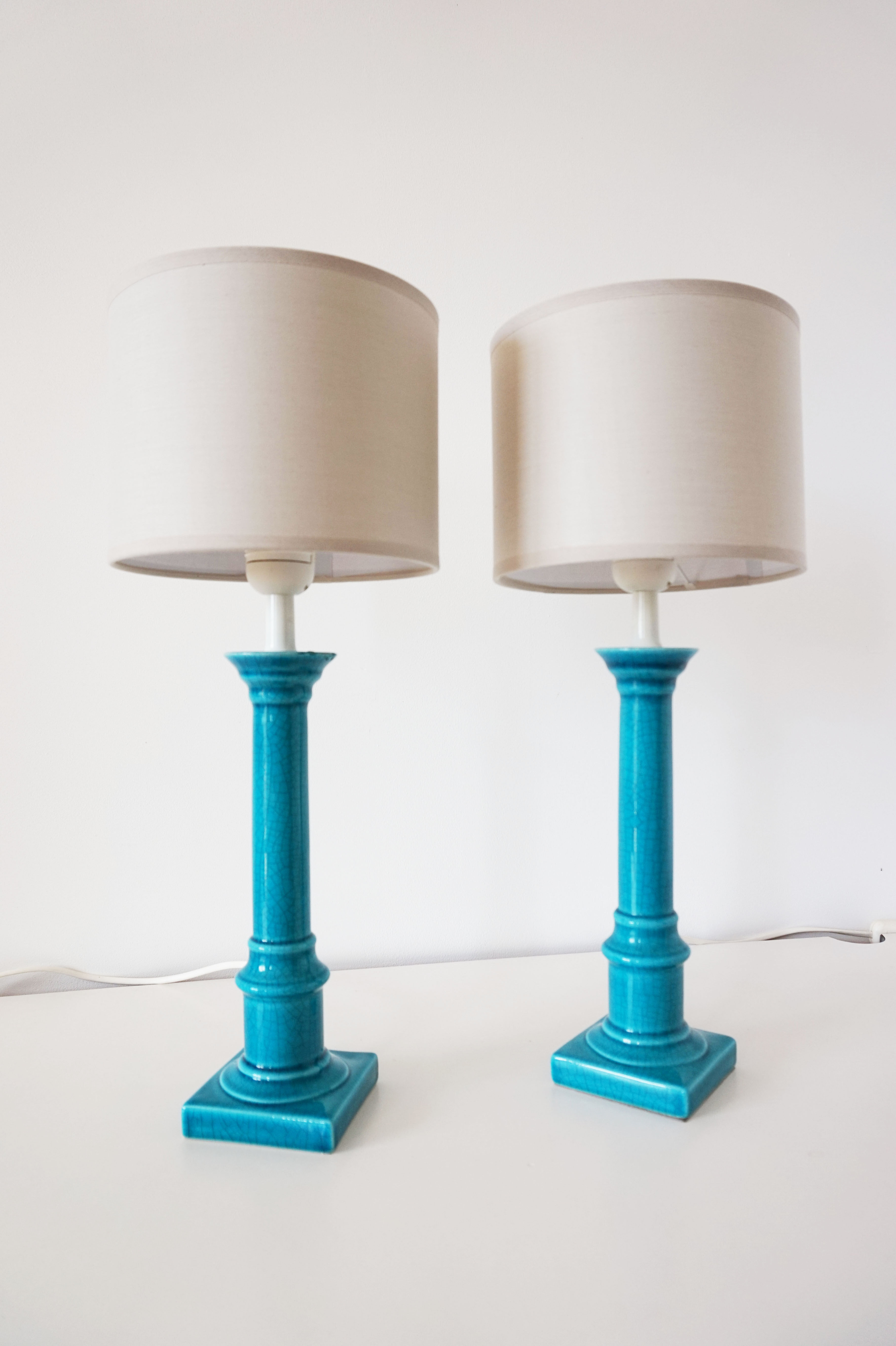 Pair of turquoise ceramic lamps
