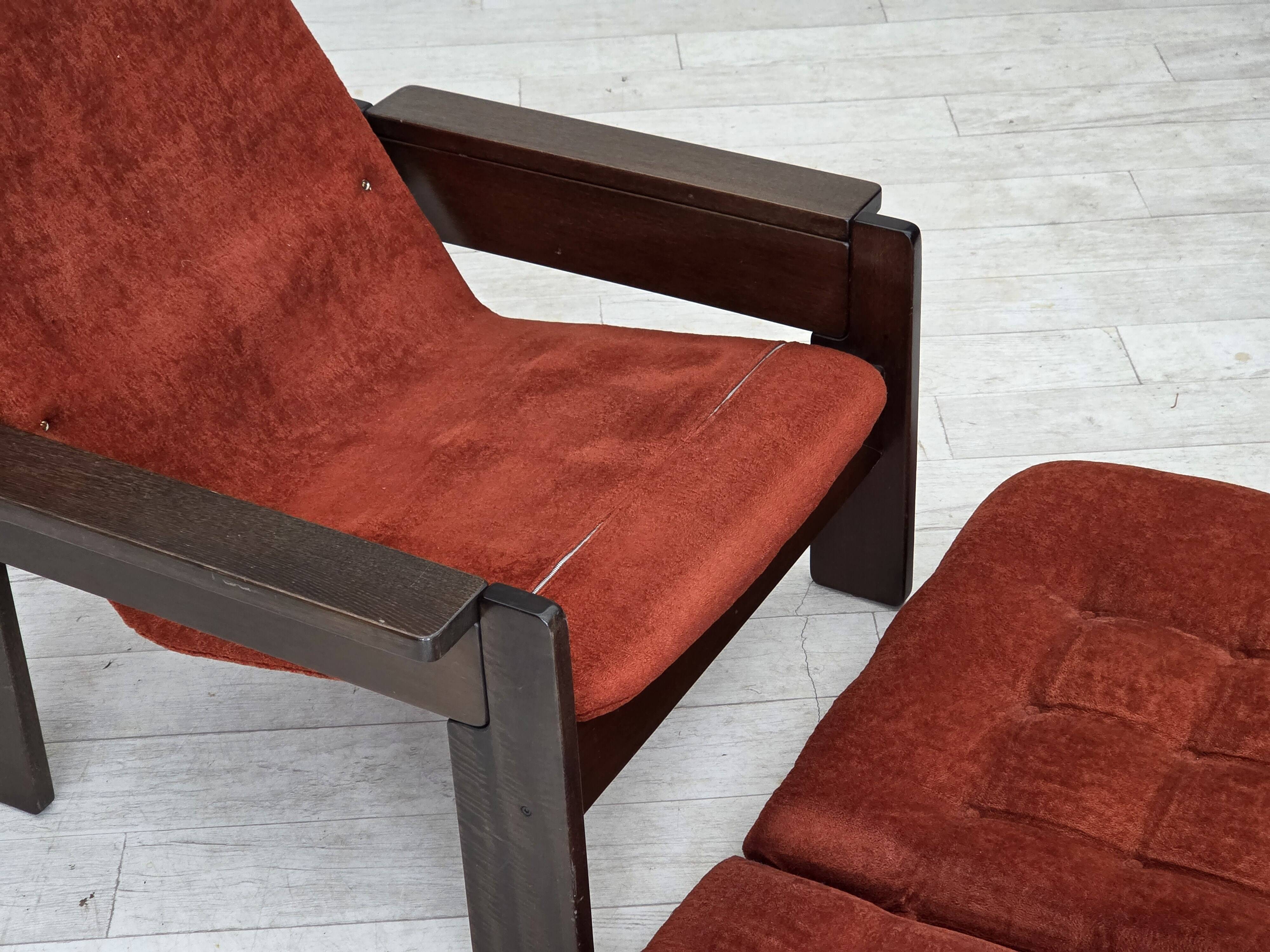 1970s, Danish armchair, orange/red furniture velour, dark oak wood.