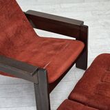1970s, Danish armchair, orange/red furniture velour, dark oak wood.
